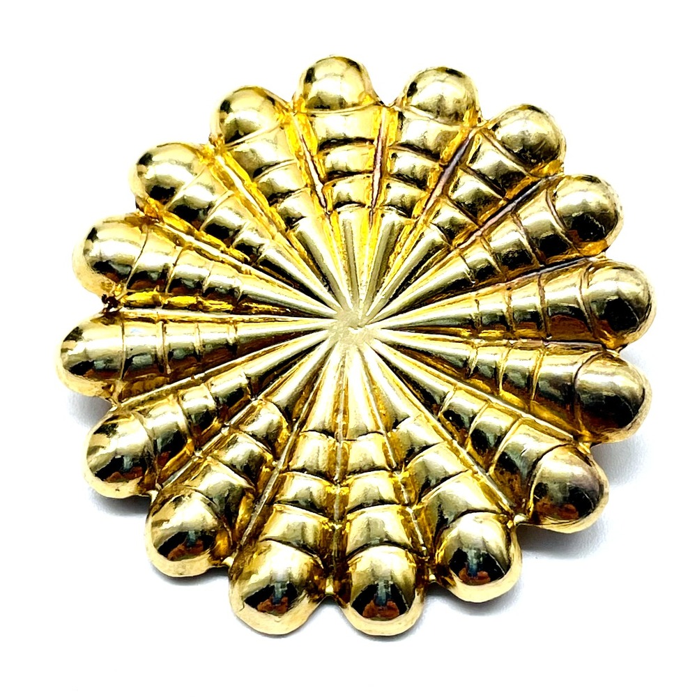 Gold Tone Sunburst Brooch Pin Textured Ribbed Round Statement Costume Jewelry